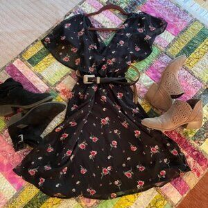 Pretty Black with Red Wild Flowers Sun Dress
